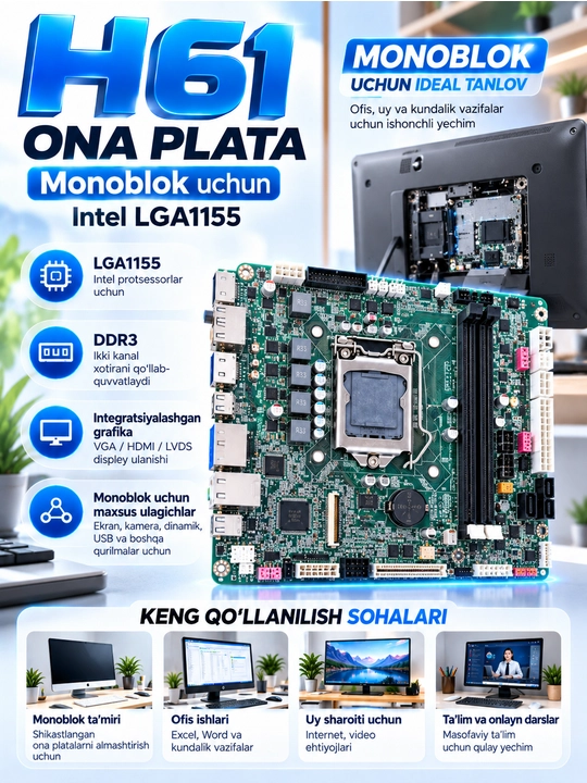 Monoblok Ona platasi H61 DDR3 1155 soket M.2 NVME M.2 SATA HDMI VGA qo'llab-quvvatlaydi - 