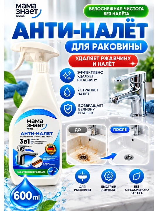 Mama Znaet Anti-Nalyot — rakovina va vanna uchun tozalovchi vosita, 600 ml - 