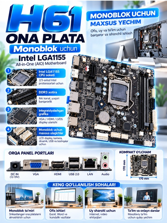Monoblok Ona platasi H61 DDR3 1155 soket M.2 NVME M.2 SATA HDMI VGA qo'llab-quvvatlaydi
