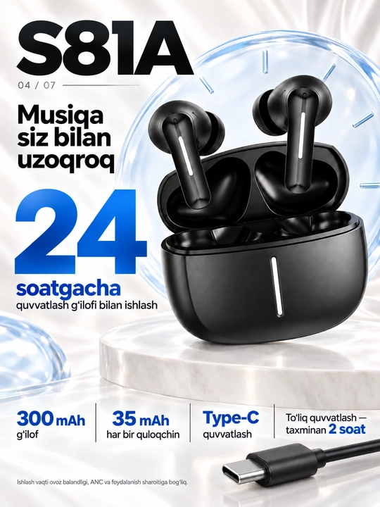 S81A simsiz quloqchinlar, ANC va ENC, Bluetooth 5.4, g‘ilof bilan 24 soatgacha