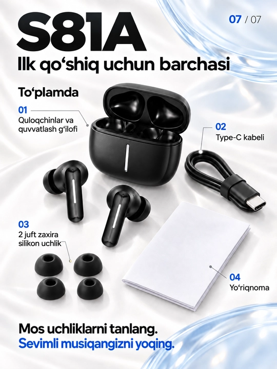 S81A simsiz quloqchinlar, ANC va ENC, Bluetooth 5.4, g‘ilof bilan 24 soatgacha