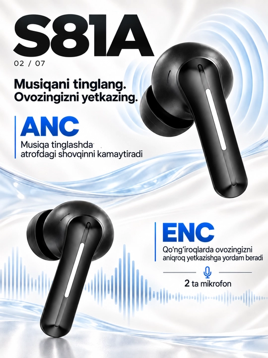 S81A simsiz quloqchinlar, ANC va ENC, Bluetooth 5.4, g‘ilof bilan 24 soatgacha