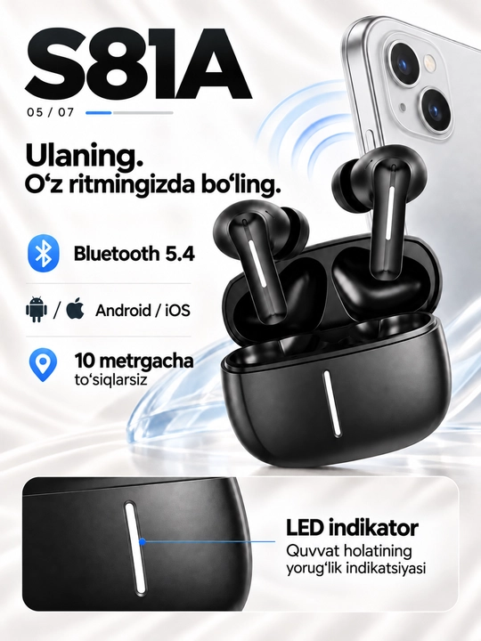 S81A simsiz quloqchinlar, ANC va ENC, Bluetooth 5.4, g‘ilof bilan 24 soatgacha