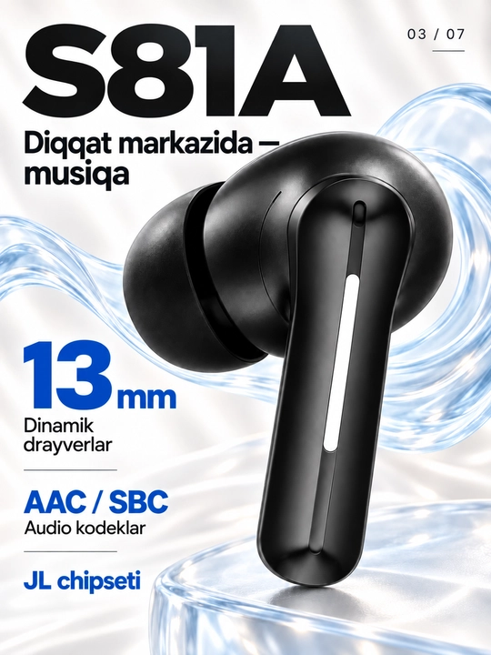 S81A simsiz quloqchinlar, ANC va ENC, Bluetooth 5.4, g‘ilof bilan 24 soatgacha