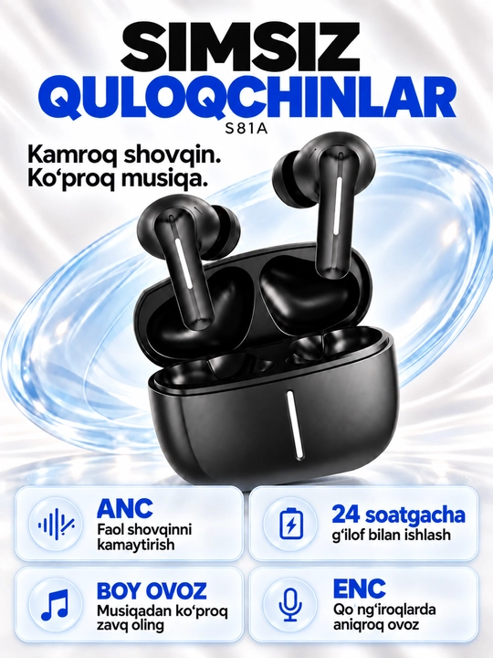 S81A simsiz quloqchinlar, ANC va ENC, Bluetooth 5.4, g‘ilof bilan 24 soatgacha