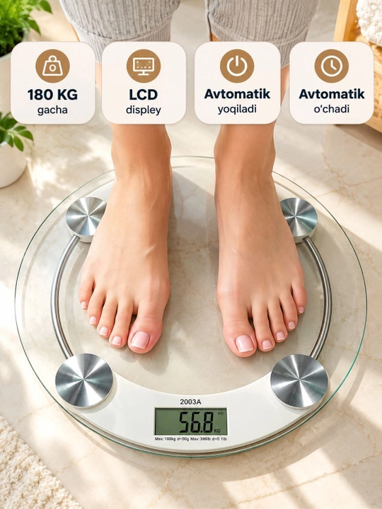Elektron tarozi, raqamli vazn o‘lchash tarozisi, shisha pol tarozi 180 kg