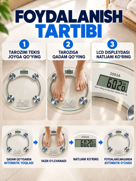 Elektron tarozi, raqamli vazn o‘lchash tarozisi, shisha pol tarozi 180 kg