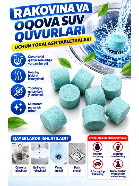 Rakovina va oqova suv quvurlari uchun tozalash tabletkalari