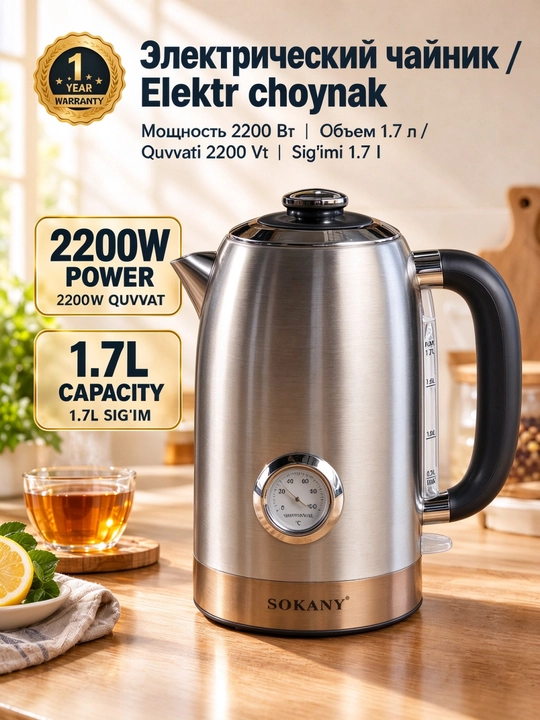 Электрический чайник SOKANY SK-1031, 1,7 л, 2200 Вт, с термометром, из нержавеющей стали - 