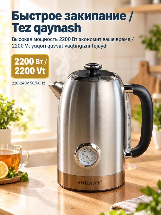 SOKANY SK-1031 elektr choynak, 1,7 l, 2200 Vt, termometrli, zanglamaydigan poʻlat