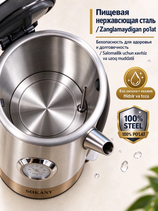 SOKANY SK-1031 elektr choynak, 1,7 l, 2200 Vt, termometrli, zanglamaydigan poʻlat