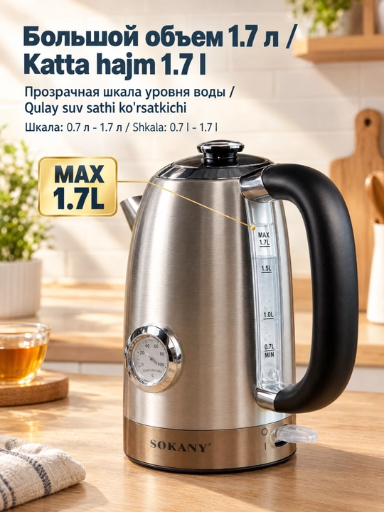 SOKANY SK-1031 elektr choynak, 1,7 l, 2200 Vt, termometrli, zanglamaydigan poʻlat