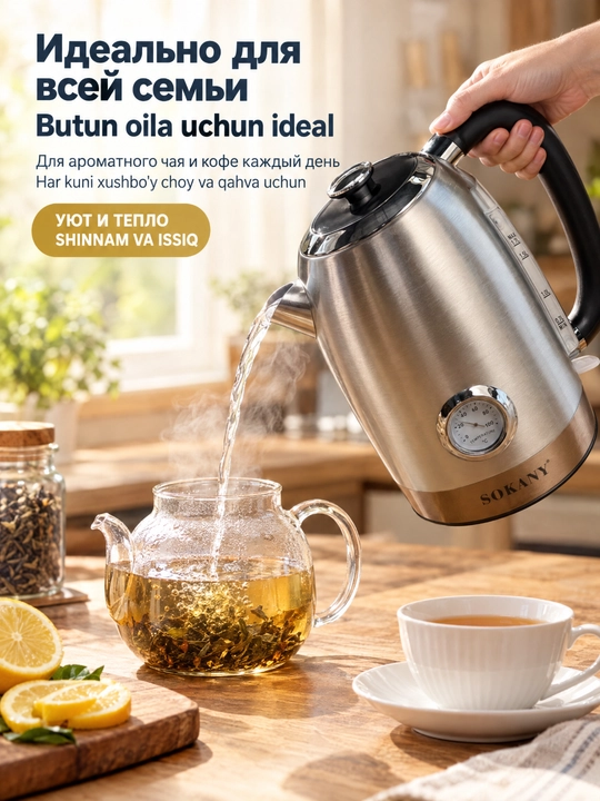 SOKANY SK-1031 elektr choynak, 1,7 l, 2200 Vt, termometrli, zanglamaydigan poʻlat