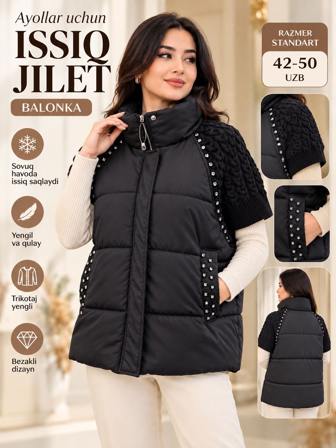 Ayollar uchun kuzgi, qishki jilet - yengsiz kurtka, nimcha, jaket, kamzul - 