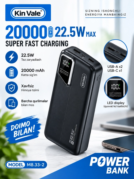 Power Bank 20000 мАч  M8.33-2  Быстрая зарядка 22.5W, USB-C, 2 USB, LED-дисплей, повербанк - 