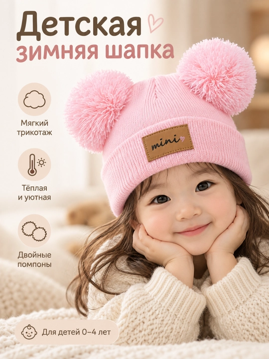 Детская зимняя вязаная шапка с двумя помпонами, теплая и мягкая - 