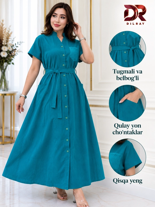 Женское летнее длинное платье на пуговицах с поясом, Oversize