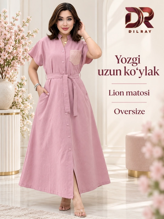 Женское летнее длинное платье на пуговицах с поясом, Oversize - 