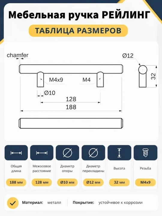Mebel dastasi Reyling, zanglamaydigan po‘lat, shkaf va oshxona uchun, 96/128/160/192 mm