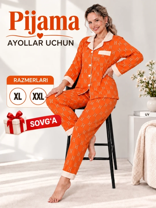 Ayollar pijamasi, 2 tasi 1 da, paxtalik to‘plam, kofta va shim, XL-XXL, + sovg‘a