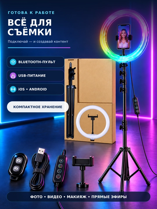 Halqasimon, svetodiodli, shtativli selfi-lampa, 5 ta o‘lchamda, 26 - 45 sm