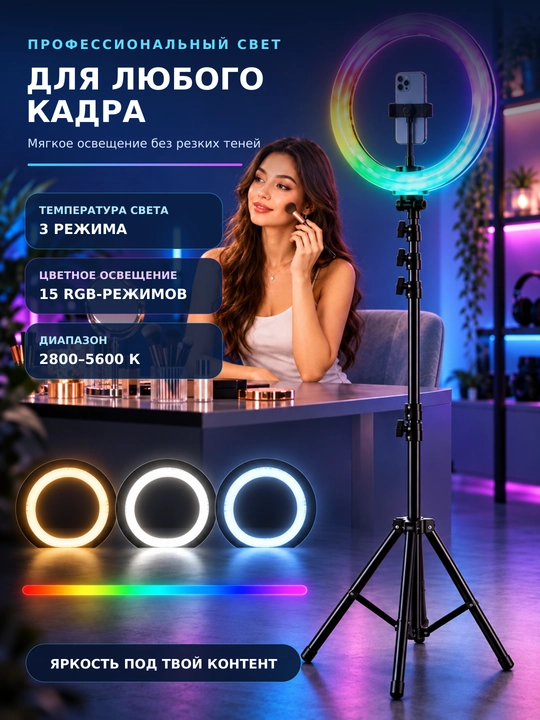 Halqasimon, svetodiodli, shtativli selfi-lampa, 5 ta o‘lchamda, 26 - 45 sm