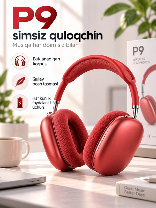 P9 simsiz Bluetooth quloqchin, katta over-ear naushnik, mikrofonli headset