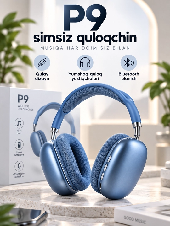 P9 simsiz Bluetooth quloqchin, katta over-ear naushnik, mikrofonli headset