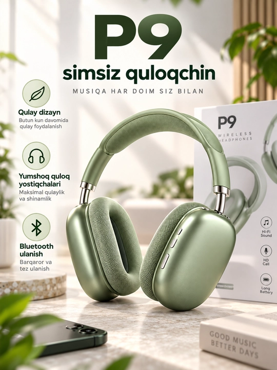 P9 simsiz Bluetooth quloqchin, katta over-ear naushnik, mikrofonli headset