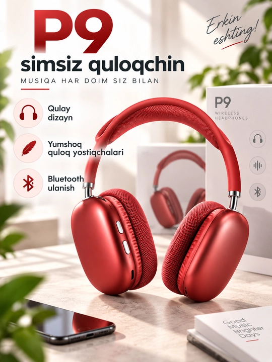 P9 simsiz Bluetooth quloqchin, katta over-ear naushnik, mikrofonli headset