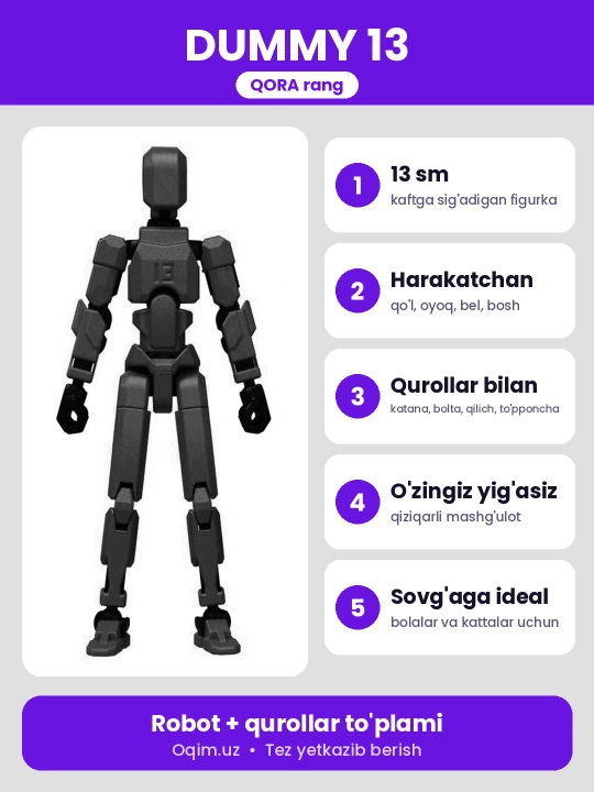 DUMMY robot figurasi 13, 13 sm, 3D qismlardan yig‘ilgan, harakatchan bo‘g‘imlar, magnitsiz
