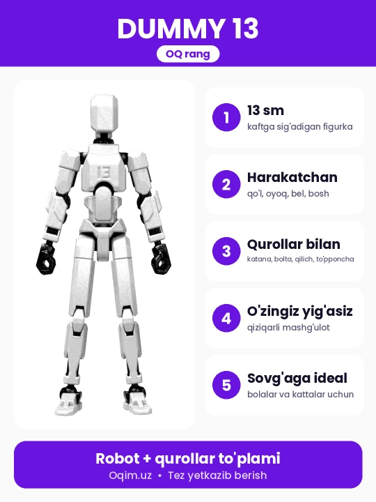 DUMMY robot figurasi 13, 13 sm, 3D qismlardan yig‘ilgan, harakatchan bo‘g‘imlar, magnitsiz