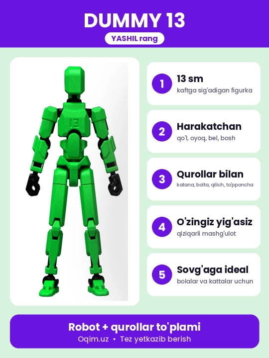 DUMMY robot figurasi 13, 13 sm, 3D qismlardan yig‘ilgan, harakatchan bo‘g‘imlar, magnitsiz