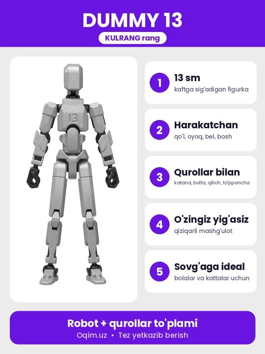 DUMMY robot figurasi 13, 13 sm, 3D qismlardan yig‘ilgan, harakatchan bo‘g‘imlar, magnitsiz