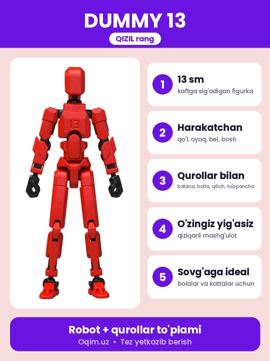 DUMMY robot figurasi 13, 13 sm, 3D qismlardan yig‘ilgan, harakatchan bo‘g‘imlar, magnitsiz