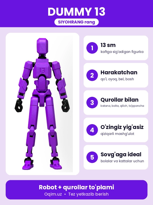 DUMMY robot figurasi 13, 13 sm, 3D qismlardan yig‘ilgan, harakatchan bo‘g‘imlar, magnitsiz