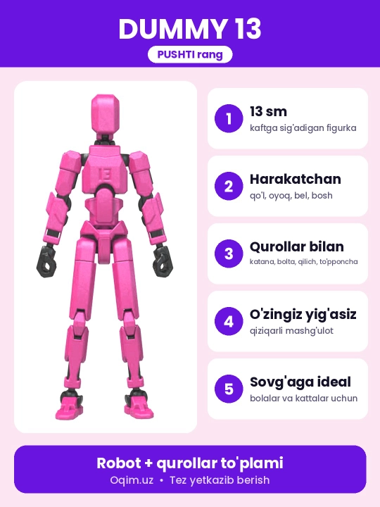 DUMMY robot figurasi 13, 13 sm, 3D qismlardan yig‘ilgan, harakatchan bo‘g‘imlar, magnitsiz