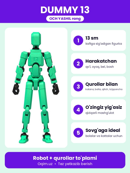 DUMMY robot figurasi 13, 13 sm, 3D qismlardan yig‘ilgan, harakatchan bo‘g‘imlar, magnitsiz