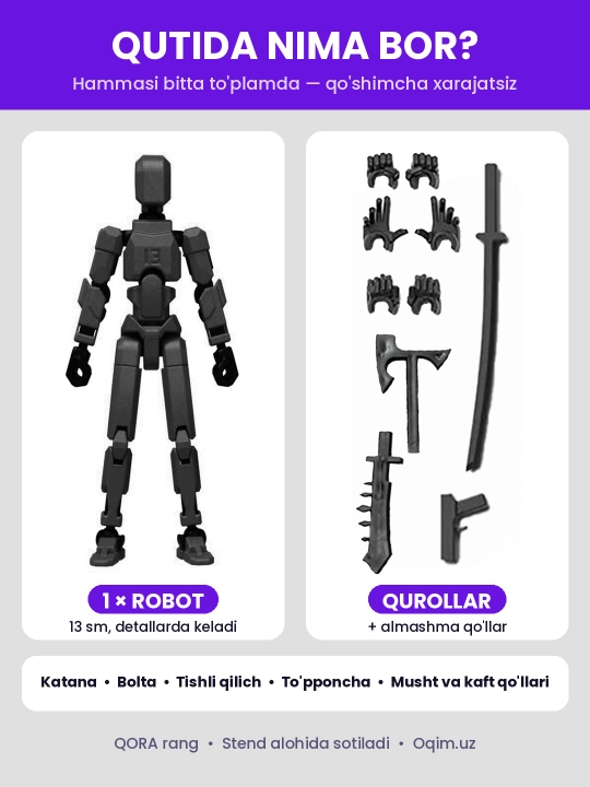 DUMMY robot figurasi 13, 13 sm, 3D qismlardan yig‘ilgan, harakatchan bo‘g‘imlar, magnitsiz