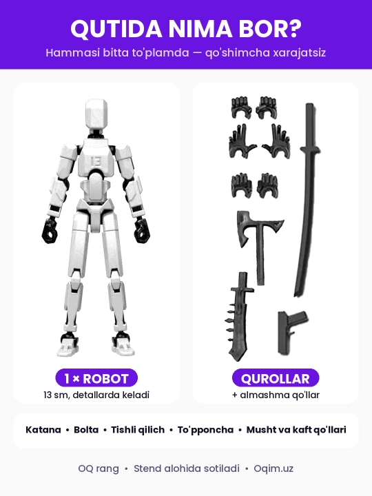DUMMY robot figurasi 13, 13 sm, 3D qismlardan yig‘ilgan, harakatchan bo‘g‘imlar, magnitsiz