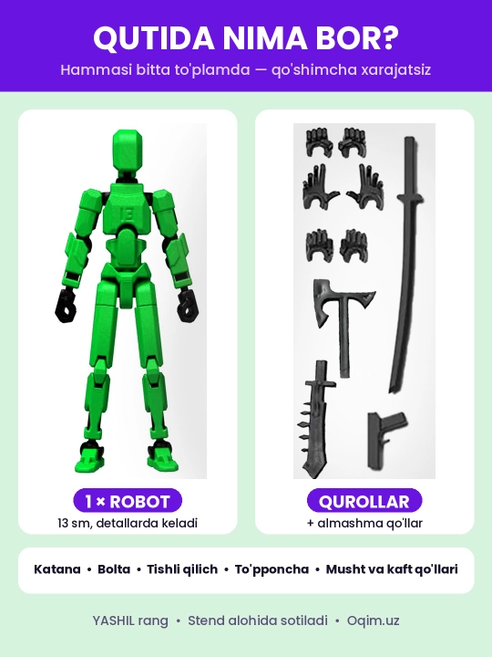 DUMMY robot figurasi 13, 13 sm, 3D qismlardan yig‘ilgan, harakatchan bo‘g‘imlar, magnitsiz