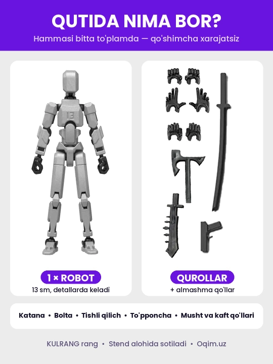 DUMMY robot figurasi 13, 13 sm, 3D qismlardan yig‘ilgan, harakatchan bo‘g‘imlar, magnitsiz