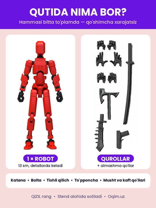 DUMMY robot figurasi 13, 13 sm, 3D qismlardan yig‘ilgan, harakatchan bo‘g‘imlar, magnitsiz