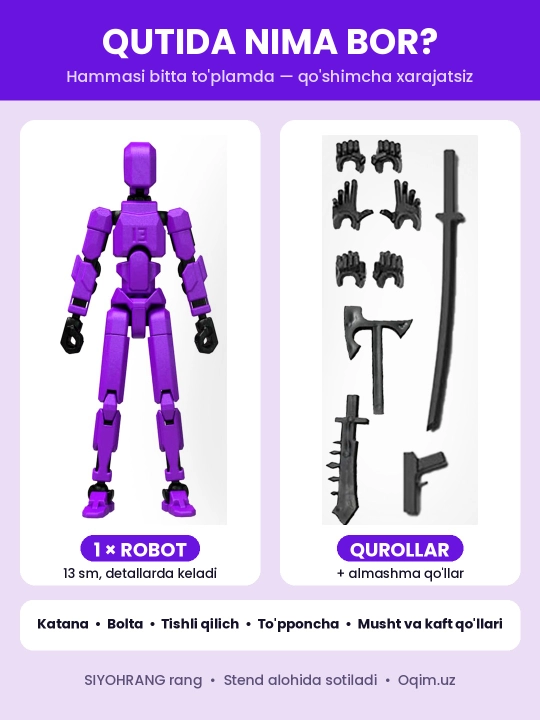 DUMMY robot figurasi 13, 13 sm, 3D qismlardan yig‘ilgan, harakatchan bo‘g‘imlar, magnitsiz