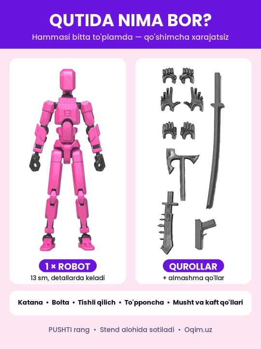 DUMMY robot figurasi 13, 13 sm, 3D qismlardan yig‘ilgan, harakatchan bo‘g‘imlar, magnitsiz