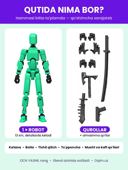 DUMMY robot figurasi 13, 13 sm, 3D qismlardan yig‘ilgan, harakatchan bo‘g‘imlar, magnitsiz