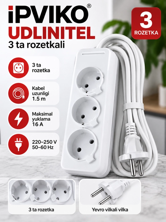 IPVIKO Udlinitel 3 Rozetkali, 3 m / 5 m / 8 m - 