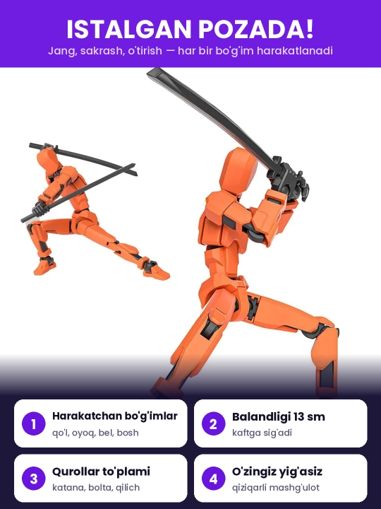 DUMMY robot figurasi 13, 13 sm, 3D qismlardan yig‘ilgan, harakatchan bo‘g‘imlar, magnitsiz
