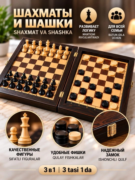 Настольная игра 3 в 1, шахматы, шашки, нарды, деревянная доска, 2 размера 30/45см