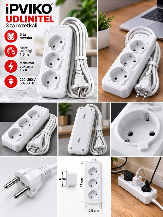 IPVIKO Udlinitel 3 Rozetkali, 3 m / 5 m / 8 m